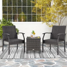 Conjunto Jardim de 3 peças, mesa de vidro temperado e 2 cadeiras de vime com assentos almofadados Estrutura metálica para pátio jardim castanho