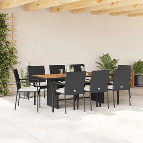 9 pcs conjunto de jantar p/ jardim c/ almofadões vime PE preto