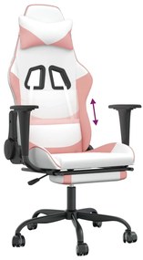 Cadeira gaming com apoio p/ pés couro artificial branco e rosa