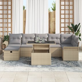 Conjunto de Sofá para Jardim de 8 Peças com Almofadas Bege Vime PE