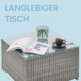 Conjunto de jardim, mobiliário de pátio em Polyrattan, mobiliário de varanda com almofadas e mesa de vidro Cinzento