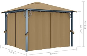 Gazebo com cortina 300x300 cm alumínio cinzento-acastanhado