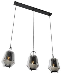 Candeeiro suspenso preto com vidro fumê 23 cm oblongo 3 luzes - Kevin Art Deco