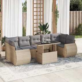 8 pcs conjunto de sofás p/ jardim com almofadões vime PE bege
