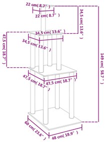 Árvore p/ gatos c/ postes arranhadores sisal 149 cm cinza-claro