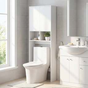 Armário para sanita com portas 60 x 23 x 166 cm, 2 compartimentos abertos e estante ajustável, economizador de espaço para a lavandaria, branco