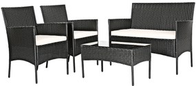 Conjunto de mobiliário de jardim de 4 peças com mesa de vidro temperado Sofá Cadeiras de rattan Almofadas de assento para pátio e jardim preto + Branc