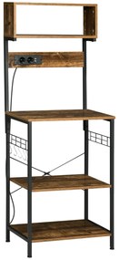 HOMCOM Estante de Cozinha Móvel Auxiliar de Cozinha com Ficha 2 Carregadores USB Ganchos e Prateleira Ajustável 60x42x153 cm Marrom Rústico