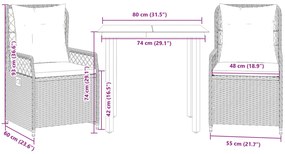 3 pcs conjunto de jantar p/ jardim c/ almofadões vime PE cinza