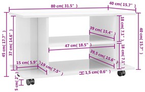 Móvel de TV com rodas 80x40x40cm contraplacado branco brilhante