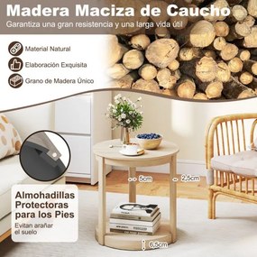 Mesa de centro redonda, mesa apoio, mesa cabeçeira 60,5 x 61 cm com 2 níveis em madeira de caucho Mesa auxiliar estilo rústico cor carvalho