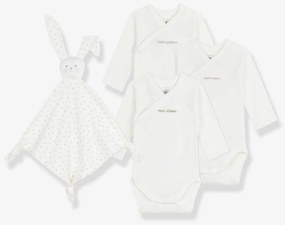 Conjunto de 3 bodies em algodão bordado e peluche coelho PETIT BATEAU, para recém-nascido cru