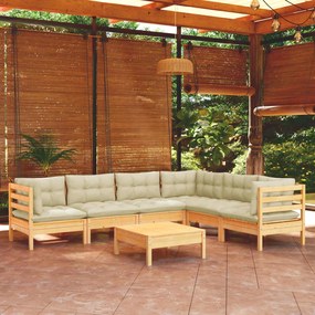 vidaXL 7 pcs conjunto lounge jardim c/ almofadões creme pinho maciço