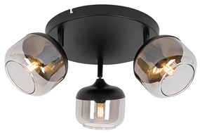 Candeeiro de teto design preto com dourado e vidro fumê 3-luzes redondo - Kyan Design