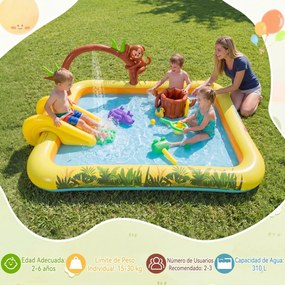 Piscina insuflável infantil 207 x 168 x 77 cm com escorrega e jato de água em forma de arco com animais, centro de jogos aquáticos para exterior Multi