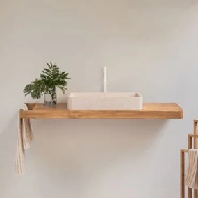 Conjunto De Móvel De Casa De Banho 130x45 Cm Suspenso Em Madeira De Teca Neill Madeira De Teca & Cimento Branco Retangular 60x30 Cm Ronald & - Sklum