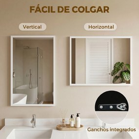 Espelho de Parede Decorativo 50x70 cm Espelho Retangular Espelho de Sala com 4 Ganchos Metálicos Estilo Moderno Branco