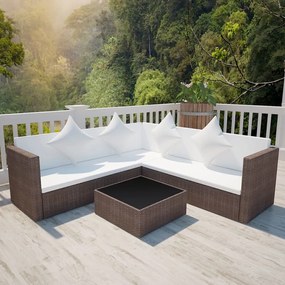 vidaXL 4 pcs conjunto lounge jardim c/ almofadões vime PE castanho