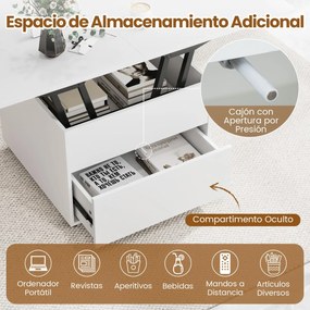 Mesa de Centro Elevável e Dobrável, 60 x 60 x 50 cm, Arrumação Oculta, Branco