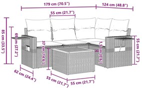 5 pcs conjunto sofás de jardim c/ almofadões vime PE cinzento
