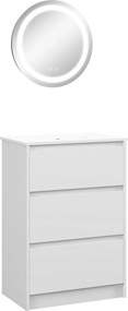 kleankin Móvel com Lavatório 61x37x88 cm e 1 Espelho com Luz LED Anti-Embaciamento Ø50x4,6 cm Branco Brilhante e Prata | Aosom Portugal