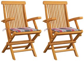 Cadeiras de jardim c/ almofadões xadrez vermelho 2 pcs teca