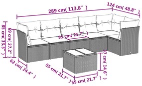7 pcs conjunto de sofás p/ jardim com almofadões vime PE bege