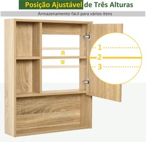 Armário para banheiro de madeira montado na parede com espelho, porta de vidro e prateleira aberta ajustável  60x 15x 76cm em grão de carvalho