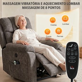 Poltrona Relax Reclinável Elétrica Elevatória com 8 Pontos de Massagem Calor Apoio para Pés e Porta-copos Cinza Escuro