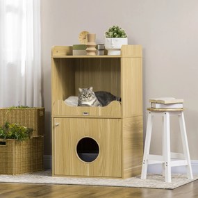 Casa de higiene para gatos com 3 níveis, compartimento fechado por uma porta,1 almofada, 60 x 45 x 103 cm