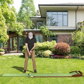 Tapete de golfe com 3 tamanhos de buracos Ajuda à prática com retorno automático da bola 302 x 37 x 15 cm Castanho + Verde