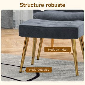 Poltrona com apoio para os pés, poltrona de sala estofada com encosto alto, pés em aço dourado e tecido de veludo, cinzento escuro