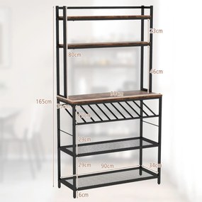 Estante de cozinha com 6 níveis, 6 prateleiras, 6 ganchos, suporte inclinado para garrafas e 2 prateleiras de rede 90 x 35 x 165 cm Castanho rústico