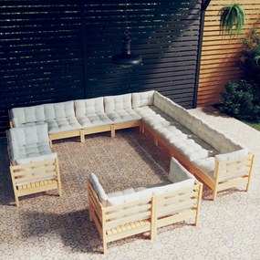 vidaXL 13 pcs conjunto lounge jardim c/ almofadões creme pinho maciço