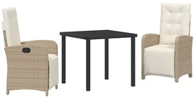 Conjunto de Jantar para Jardim 3 peças com Almofadas Beives em Rattan