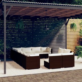 vidaXL 12 pcs conjunto lounge de jardim c/ almofadões vime PE castanho