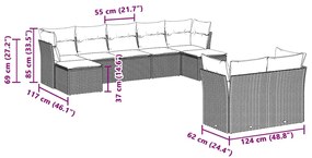 9 pcs conj. sofás jardim com almofadões vime PE cinzento-claro