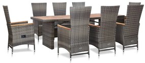 vidaXL 9 pcs conjunto jantar exterior c/ almofadões vime PE cinzento