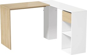 Secretária de Canto em L 120x110 cm com Gaveta e 2 Prateleiras, Branco e cor Natural