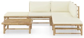 6 pcs conj. lounge p/ jardim em bambu c/ almofadões branco nata