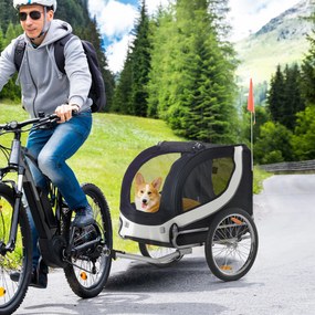Reboque de bicicleta para cães e animais de estimação 130 x 73 x 90 cm com bandeira e 8 refletores branco e preto