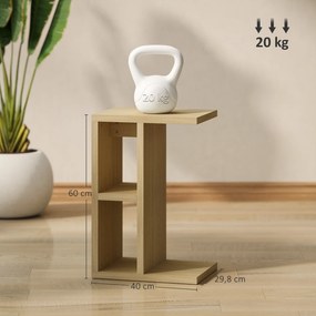 Mesa auxiliar de 3 níveis em forma de C com 2 compartimentos abertos, 40 x 29,8 x 60 cm, carvalho