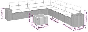 10 pcs conjunto sofás de jardim c/ almofadões vime PE cinzento