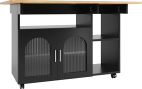 Ilha de cozinha moderna, carrinho de serviço multifuncional com espaço de arrumação e armários com portas de vidro, 120x70x79,5 cm, Preto+Cor natural