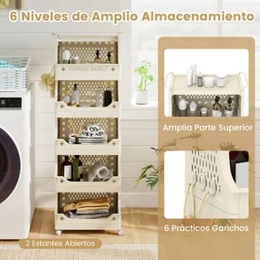 Carrinho multifuncional com 6 níveis e rodas empilhável de plástico com alças e ganchos Organizador diversas coisas Bege