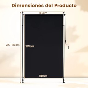 Toldo retrátil vertical 150 x 220-310 cm enrolável para exterior com altura ajustável com manivela para varanda ou piscina Preto