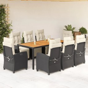 9 pcs conjunto de jantar p/ jardim c/ almofadões vime PE preto