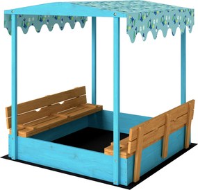 Caixa de areia infantil para crianças em madeira com tampa 134,5 x 127,5 x 130 cm, para exterior com assento dobrável em lona estampada com flamingos