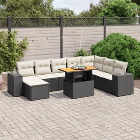 9 pcs conjunto de sofás p/ jardim c/ almofadões vime PE preto