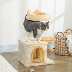 Árvore para gatos de 72 cm, poleiro macio, plataforma em forma de peixe, compartimentos abertos, postes de sisal, bola, bege